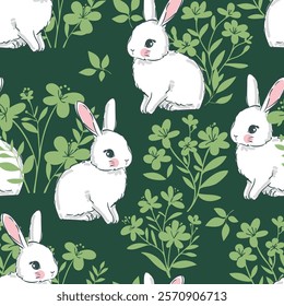 Hand drawn cute rabbit and leaves seamless pattern illustration background woodland bunny