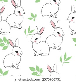 Hand drawn cute rabbit and leaves seamless pattern illustration background woodland bunny