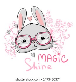 Hand drawn Cute Rabbit. Lettering Magic Shine. Design concept for children print.