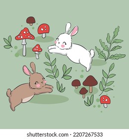 Hand drawn cute rabbit and Mushrooms vector illustration background woodland bunny