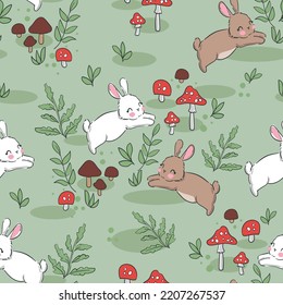 Hand Drawn Cute Rabbit And Mushrooms Seamless Pattern Illustration Background Woodland Bunny