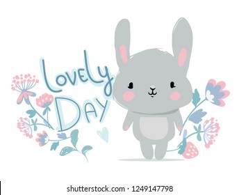 Hand Drawn cute rabbit on a background of a frame with flowers and the inscription - Lovely Day. Design print for t-shirt. Vector Illustration. 
