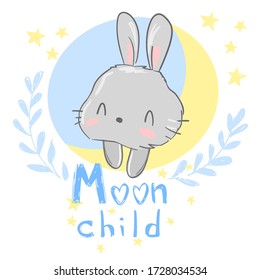 La mano dibujó un lindo conejo en la luna. Diseño impreso para pijamas de bebé, textiles. Ilustración vectorial.