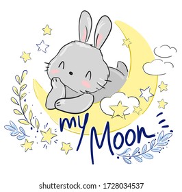 Hand drawn cute rabbit on the moon. Print design for baby pajamas, textiles. Vector illustration.