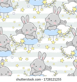 Hand drawn cute rabbit on the moon pattern seamless. Print design for baby pajamas, textiles. Vector illustration.