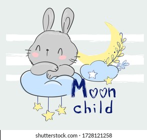 Hand drawn cute rabbit on the moon. Print design for baby pajamas, textiles. Vector illustration.