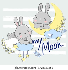 Hand drawn cute rabbit on the moon. Print design for baby pajamas, textiles. Vector illustration.