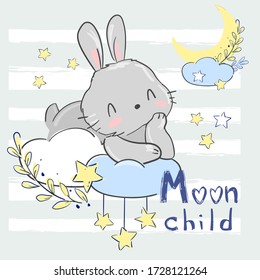 Hand drawn cute rabbit on the moon. Print design for baby pajamas, textiles. Vector illustration.