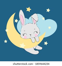 Hand drawn cute rabbit on the moon. Print design for baby pajamas, textiles. Vector illustration