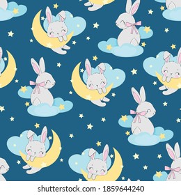 Hand drawn cute rabbit on the moon pattern seamless. Print design for baby pajamas, textiles. illustration.