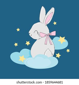 Hand drawn cute rabbit on the moon. Print design for baby pajamas, textiles. Vector illustration.