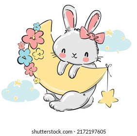 Hand Drawn Cute Rabbit On The Moon. Print Design For Baby Pajamas, Textiles. Vector Illustration