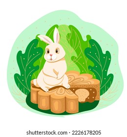  hand drawn cute rabbit on moon cake. Cartoon for Chinese New Year. Vector illustration for greeting cards. Isolated element on white background.
