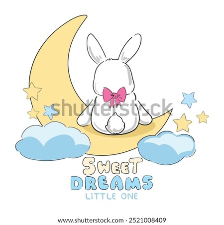 Hand drawn cute rabbit on the moon print design for baby pajamas, textiles. Vector illustration
