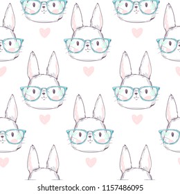 Hand Drawn Cute Rabbit Pattern Seamless, Vector Illustration. Print Design.  