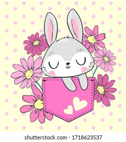 Hand drawn cute rabbit and pink flowers in the pocket. Beautiful design print for textiles, t-shirts. Vector illustration.