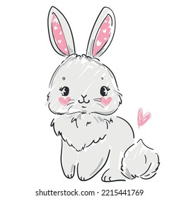 Hand drawn cute rabbit with pink heart isolated on white background Sketch bunny childish vector illustration