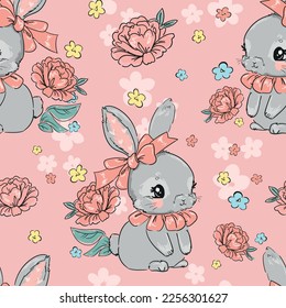 Hand drawn cute rabbit with pink bow and flowers pink background seamless pattern illustration background bunny trend summer textile print kid