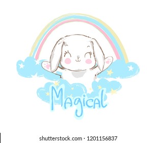 Hand Drawn Cute Rabbit and rainbow, sketch vector illustration, children print on t-shirt, Magical text