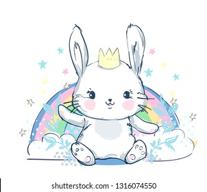 Hand drawn cute rabbit and rainbow. Print for t-shirt vector design.