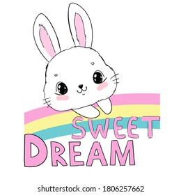 Dibujo manual lindo conejo y arco iris con frase manuscrita dulce sueño aislado en fondo blanco ilustración vectorial hermosa impresión infantil 