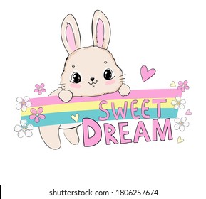 Hand drawn cute rabbit and rainbow with flowers and hearts and handwritten phrase sweet dream isolated on white background vector illustration beautiful childish print 