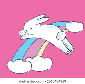Hand drawn cute rabbit and rainbow vector illustration beautiful kids print 