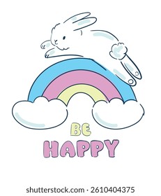 Hand drawn cute rabbit and rainbow vector illustration beautiful kids print 
