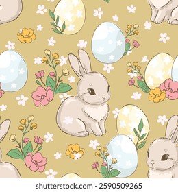 Hand drawn cute rabbit seamless pattern illustration background woodland Cute Bunny and easter eggs vector sstkEaster