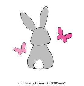  Hand Drawn Cute Rabbit Silhouette with Butterfly on White Background, Vector Illustration, Kids Design, Bunny Print