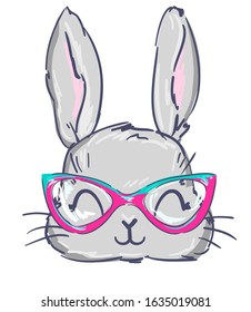 Hand drawn cute rabbit sketch vector illustration, children print on t-shirt, Bunny with glasses.