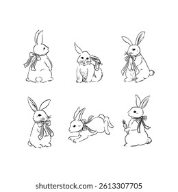 Hand Drawn Cute Rabbit Sketched Bunny Illustration Set Isolated on White Background