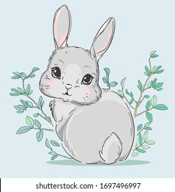 Hand drawn cute rabbit and twigs with greens. Easter print design. Vector.