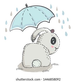 Hand drawn cute rabbit with umbrella. Doodle cartoon style. Vector illustration for cards, textile, paper, invitations, baby shower, preschool and children room decoration