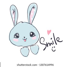 Hand Drawn Cute Rabbit Vector Illustration. Kids Design Print For T-shirt And Poster.