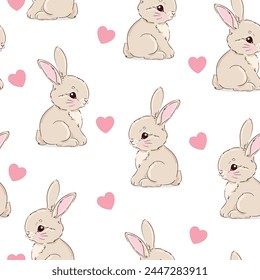 Hand Drawn Cute rabbits background vector seamless pattern, Bunnys 