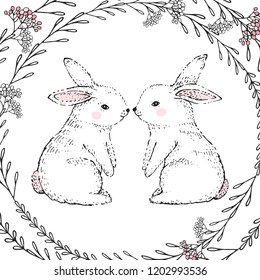 Hand Drawn cute rabbits and floral frame. Vector illustration.