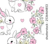 Hand Drawn Cute Rabbits and Flower background vector seamless, Little Bunny pattern Kids print.