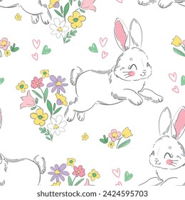 Hand Drawn Cute Rabbits and Flower background vector seamless, Little Bunny pattern Kids print.