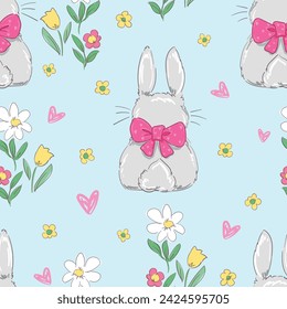 Hand Drawn Cute Rabbits and Flower background vector seamless, Little Bunny pattern Kids print.
