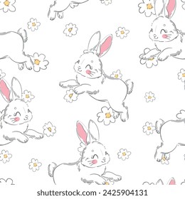 Dibujado a mano conejos lindos y vector de fondo de flores sin fisuras, patrón de conejito pequeño Niños impresión.