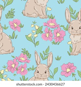 Hand Drawn Cute Rabbits and Flower background vector seamless, Little Bunny pattern Kids print.