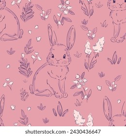 Hand Drawn Cute Rabbits and Flower background vector seamless, Little Bunny pattern Kids print.