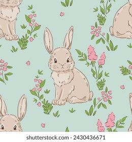 Dibujado a mano conejos lindos y vector de fondo de flores sin fisuras, patrón de conejito pequeño Niños impresión.