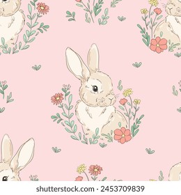 Dibujado a mano conejos lindos y Vector de fondo de flores sin costuras, pequeño conejito patrón Kids print.