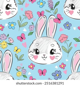 Dibujado a mano lindos conejos y Vector de fondo de flores sin costuras, patrón de conejito pequeño estampado para niños.