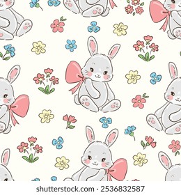 Hand Drawn Cute Rabbits and Flower background vector seamless, Little Bunny pattern Kids print.