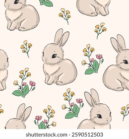 Hand Drawn Cute Rabbits and Flower background vector seamless, Little Bunny pattern Kids print.