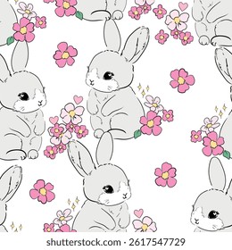 Hand Drawn Cute Rabbits and Flower background vector seamless, Little Bunny pattern Kids print