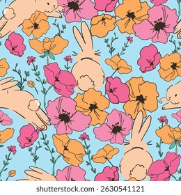 Hand Drawn Cute Rabbits and Flower background vector seamless, Little Bunny pattern Kids print.